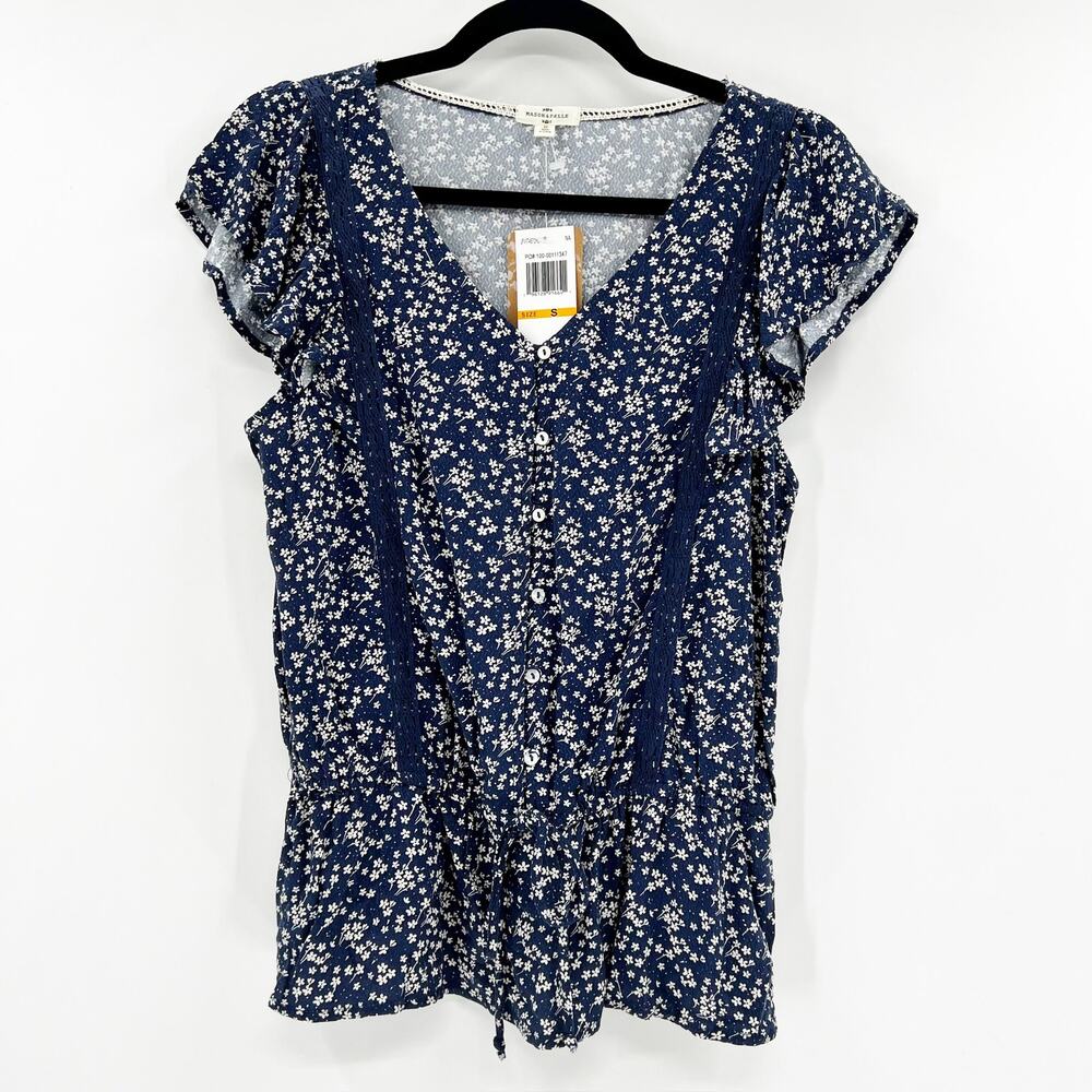 NWT Mason & Belle Women's Blue Floral Short Sleeve V-Neck‎ Blouse Top Size S